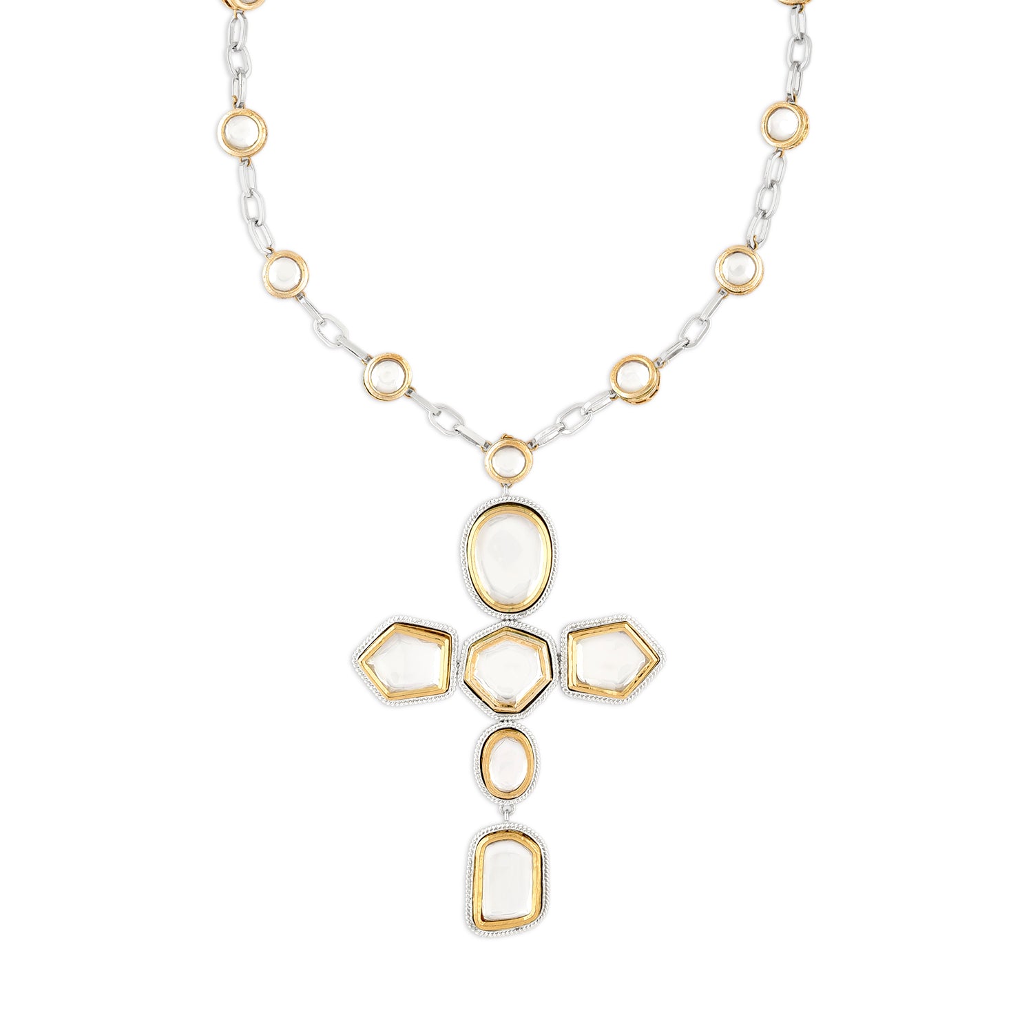 Gold & Silver Polki Cross Necklace