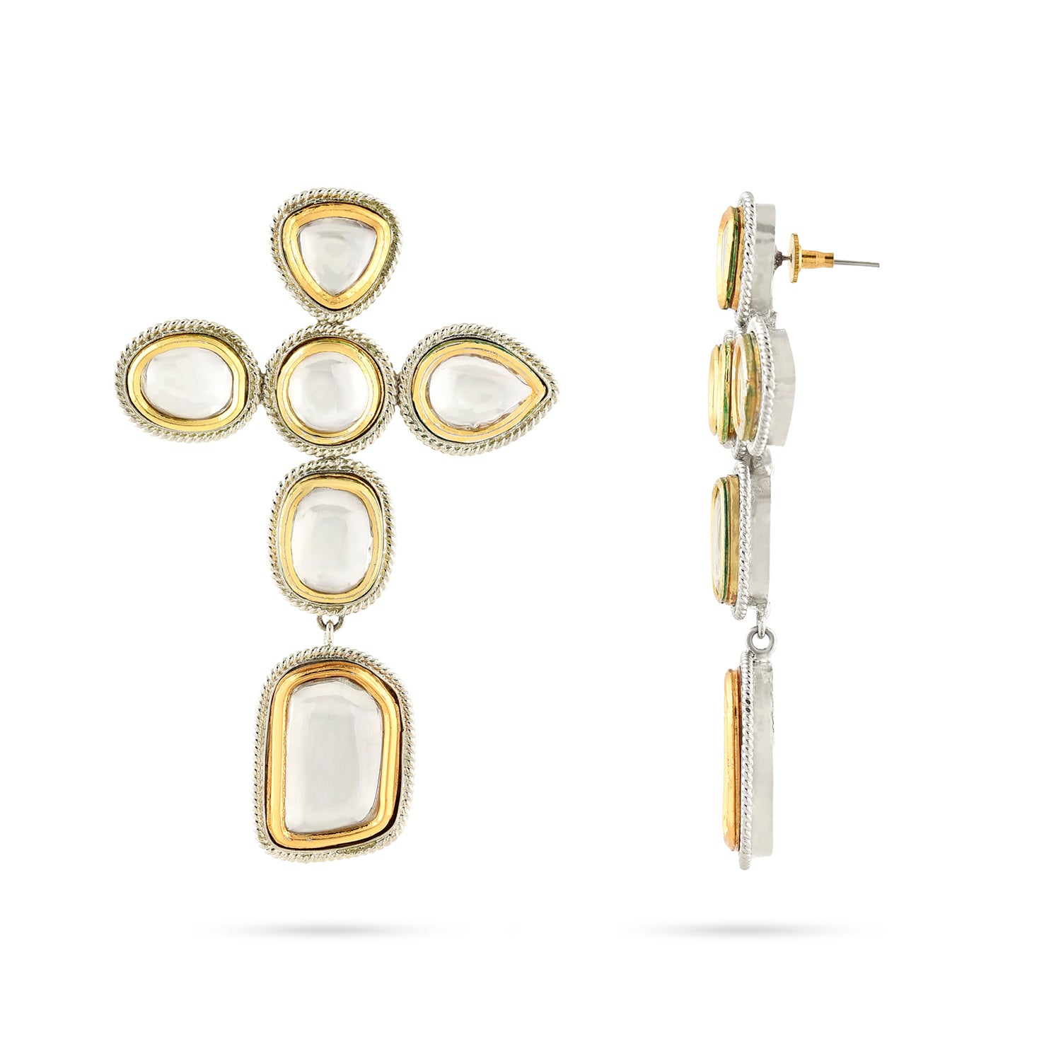 Gold & Silver Polki Cross Earrings