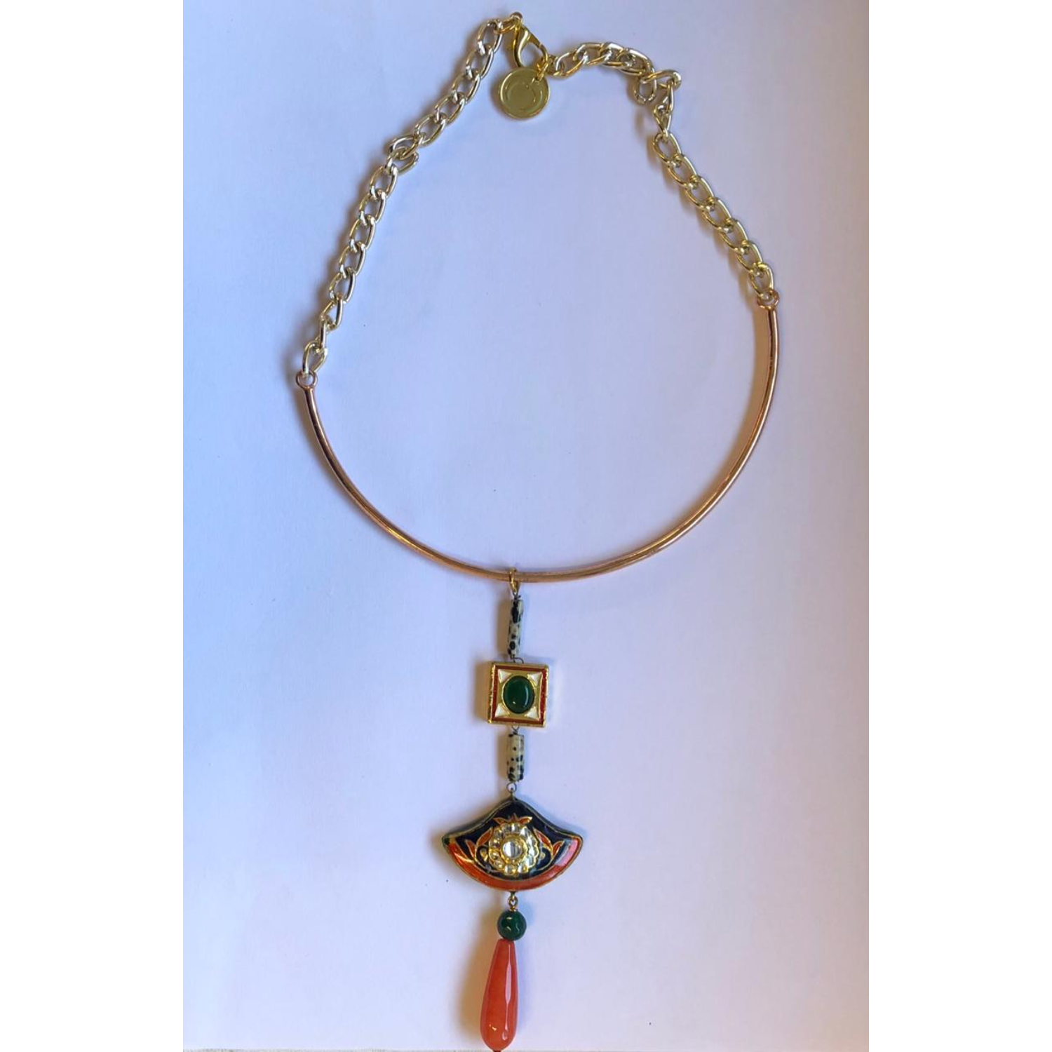 Indian Modern Pendant Green Orange Studded Dangling Neckpiece