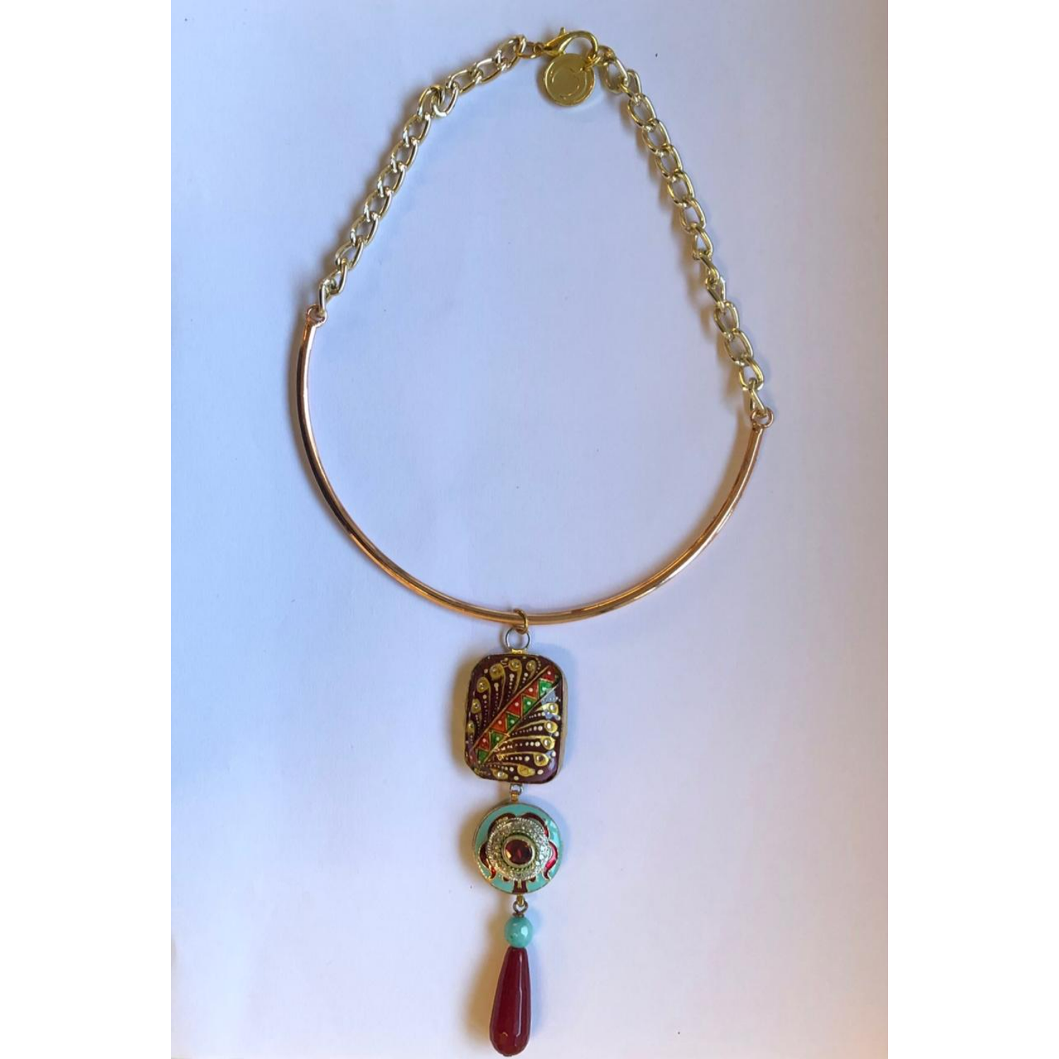 Indian Modern Pendant Maroon with Glass Dangling Neckpiece
