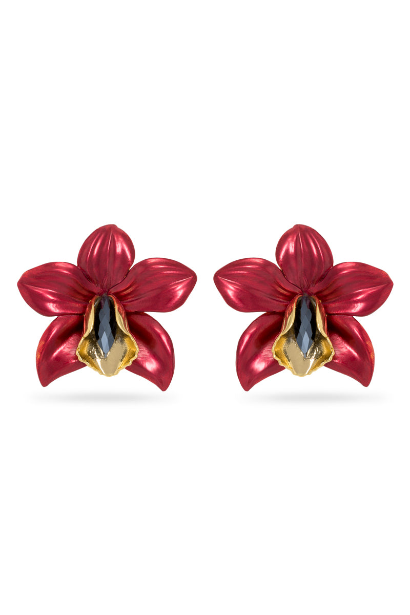 Red Metallic Orchid Earrings